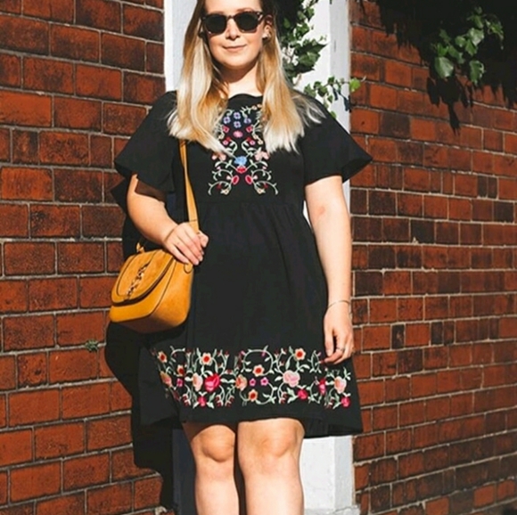 Black Multicolor Stitch Floral Embroidered Mini Dress - Picture 8 of 11